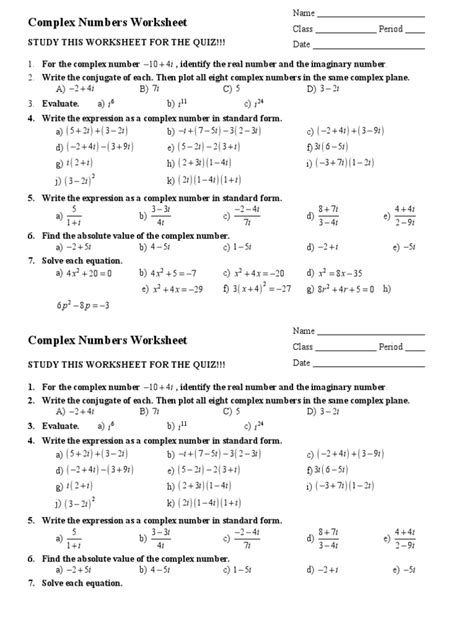 operations with complex numbers worksheet answers and work
